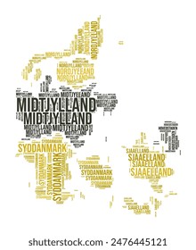 In: Denmark Word Cloud. Country-Form mit Bereichsunterteilung. Dänemark Typografie Stil Bild. Regionsnamen kennzeichnen Wolken. Vektorillustration.