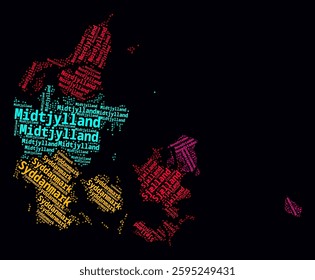 Denmark Word Cloud. Region names of the country in Danish language. Bright neon style design on dark background. Denmark shape with administrative division. Stylish vector illustration.