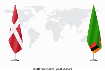 Denmark and Zambia flags for official meeting against background of world map.