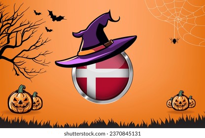 marca denmarkdenmark bandera redonda con banner de Happy Halloween o fondo de invitación a la fiesta. murciélagos, arañas y calabazas, fondo naranja