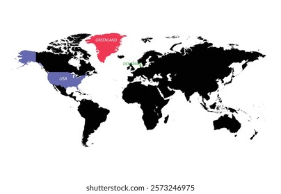 Denmark,Greenland,US on world map silhouette