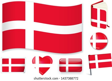 Denmarkian national flag in wave, book, circle, pin, button, heart and sticker shapes.