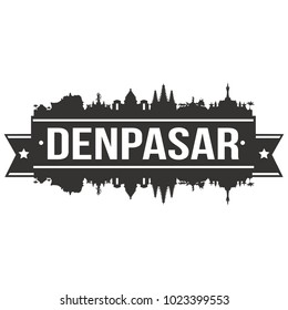 Denpasar Indonesia Bali Skyline Banner Vector Design Silhouette Art Stencil Illustration.