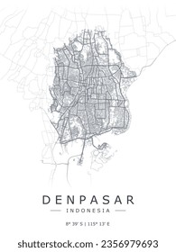 Denpasar vector map with beach, highways and streets. Detailed map of Denpasar city in Bali Island, Indonesia. Best free vector illustration. Tourist decorative street map.