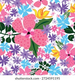 Dense abstract floral pattern with pastel-colored blooms, including fiery yellow flowers, with no spacing, creating a vibrant, whimsical, hand-drawn design perfect for textiles, stationery, and decor.