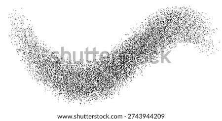 A dense, abstract formation of numerous small dots creates a flowing, curved shape against a white background.