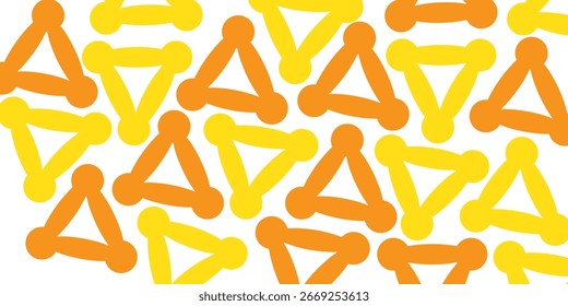 A dense, abstract pattern featuring interlocking outlined triangles. Each shape has thick, rounded lines in vibrant orange and yellow.