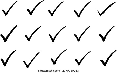 A dense arrangement of hand-drawn black check marks against a stark white backdrop, representing completion, agreement, and positive affirmation.