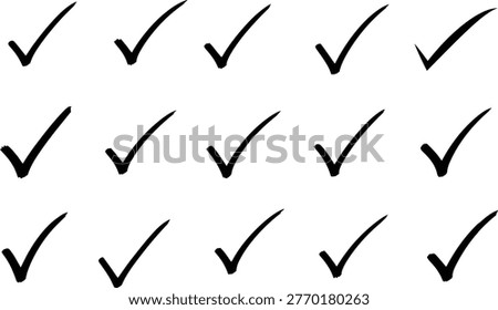 A dense arrangement of hand-drawn black check marks against a stark white backdrop, representing completion, agreement, and positive affirmation.