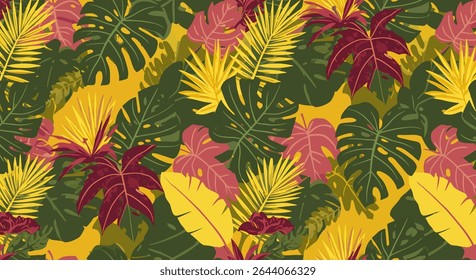 A dense arrangement of stylized tropical leaves including monstera, palm, and banana, rendered in shades of green, yellow, and red.