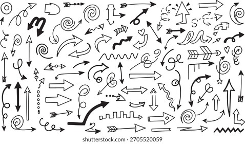 Una densa disposición de varias flechas dibujadas a mano y Formas de doodle abstractas sobre un fondo blanco.