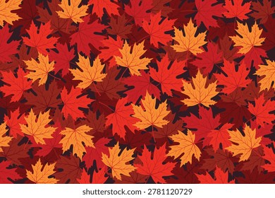 A dense autumn pattern of overlapping maple leaves in warm red, orange, and brown shades, capturing the seasonal beauty of fall foliage.