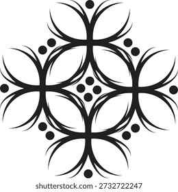 Dense black abstract symmetrical pattern with multiple repeating floral motifs and numerous circular on a white background