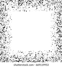 Dense black dots. Chaotic border with dense black dots on white background. Vector illustration.