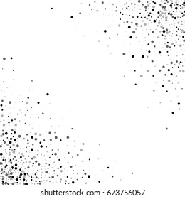 Dense black dots. Scatter cornered border on white background. Vector illustration.