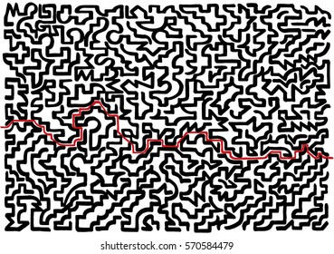Dense black marker lines based maze pattern, with a red path offering solution