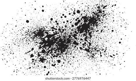 Dense black paint splatter explosion with fine spray particles on a dark background.
