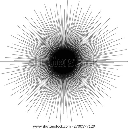A dense black radial burst of numerous thin lines emanating from a dark center on a white background.
