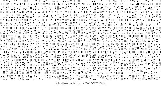 Um denso padrão preto e branco de pequenos quadrados e símbolos, assemelhando-se a um código digital ou matriz binária, perfeito para projetos inspirados em tecnologia ou planos de fundo abstratos.