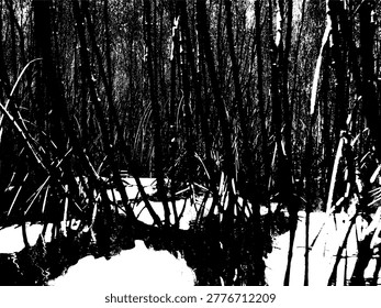 Dense black and white vector illustration of a lush mangrove forest with sunlight filtering through the trees onto the water. Detailed tropical wetland landscape silhouette, perfect for ecological graphic design.