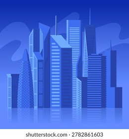 Dense blue downtown skyline with landmark highrises, elegant towers and reflections. Minimal urban vector background for architecture, travel, business and modern design projects.