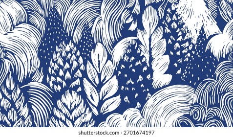Padrão botânico denso com folhagem desenhada à mão e formas de pinho estilizado com linhas de xilogravura expressivas. Silhuetas brancas e arrojadas sobre fundo índigo profundo criam um design de alto contraste da natureza.
