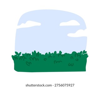 Dense bushes form a hedgerow under a wide sky with soft clouds in a clean cartoon style. Symbol of nature, calm, and outdoor freshness, suggesting serenity and open space. Cartoon vector illustration.