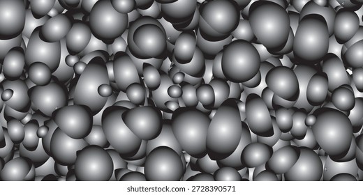 Una disposición densa y caótica de esferas y burbujas en escala de grises, creando un patrón texturizado y abstracto.
