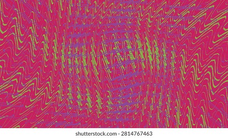 A dense and chaotic texture featuring layers of zig zag lines in green and purple against a bold red background. This illustration captures a sense of intensity and frenetic energy.