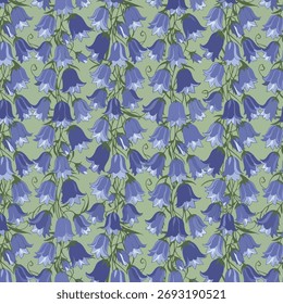  Ein dichtes und fröhliches Muster aus blauen Glockenblumen mit grünen Stängeln und Blättern, die ein lebendiges und üppiges Feld von Sommerblüten schaffen.