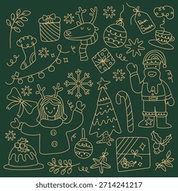 A dense Christmas doodle pattern (busy pattern) with gold lines on a dark green background, featuring Santa characters, children with deer horns, Christmas trees, gifts, snowflakes, and various other 