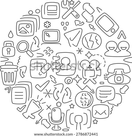 A dense circular cluster of global communication, network chat, and digital device line icons grouped in the center with copy space.