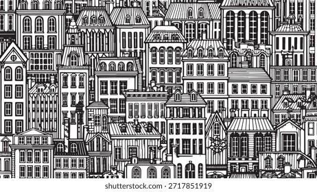 A dense cityscape illustration featuring numerous architectural styles and rooftop details.