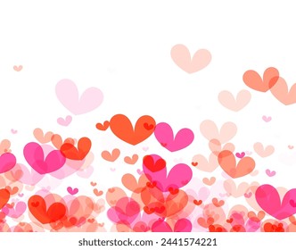 Dense cluster of hearts at the bottom transitioning to a sparse distribution towards the top, in hues ranging from vibrant red to soft pink. Vector illustration