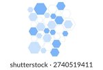 A dense cluster of overlapping blue and white hexagons of various sizes and shades on a plain white background.