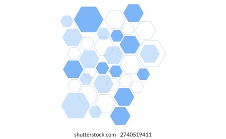 A dense cluster of overlapping blue and white hexagons of various sizes and shades on a plain white background.