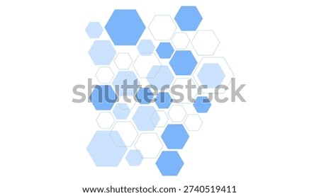 A dense cluster of overlapping blue and white hexagons of various sizes and shades on a plain white background.