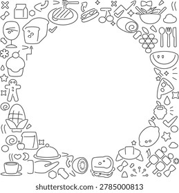 A dense collage of fresh ingredients, kitchen utensils, and food service line icons forming a circular frame with central copy space.