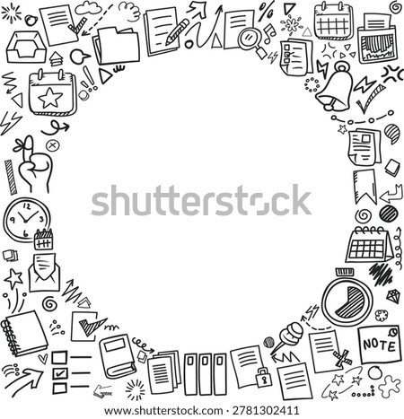 A dense collage of reminder and productivity icons forming a circular frame with central copy space.