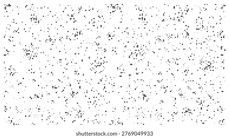 A dense collection of black dots of various sizes scattered randomly across a pure white background, creating a visually striking contrast