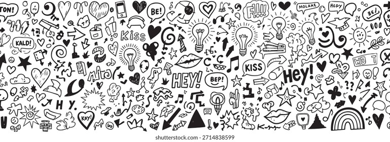 Una densa colección de iconos y símbolos de doodle dibujados a mano en blanco y negro que cubren temas como el amor, la comunicación (burbujas de discurso, 'hey', 'beso'), ideas (bombillas) y varias Formas abstractas, por