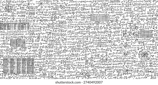 A dense collection of handwritten mathematical equations, formulas, and diagrams covering a white surface, representing advanced scientific concepts and problem-solving.