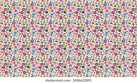 
A dense, colorful floral pattern with a multitude of small flowers in a rich spectrum of colors on a white background.
