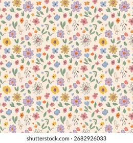  A dense and colorful seamless pattern resembling a carpet of pressed wildflowers. Featuring a variety of floral shapes and colors like yellow, purple, and pink, it creates a vibrant, cheerful, retro 