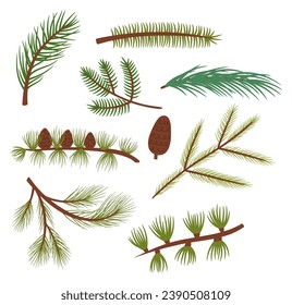 Dense Coniferous Tree Branches Set, Adorned With Vibrant Green Needles, Offering A Serene, Wintry Landscape Of Nature Tranquility, Encapsulating The Spirit Of The Season. Cartoon Vector Illustration