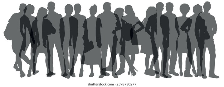 A dense crowd of translucent silhouettes of 16 different people. Adults, teenagers, children and old people, standing at full height. Flat vector illustration isolated on white background.