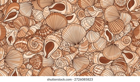 Um padrão denso e detalhado sem emenda de conchas variadas em tons de marrom e bege, criando uma rica textura com tema de praia.