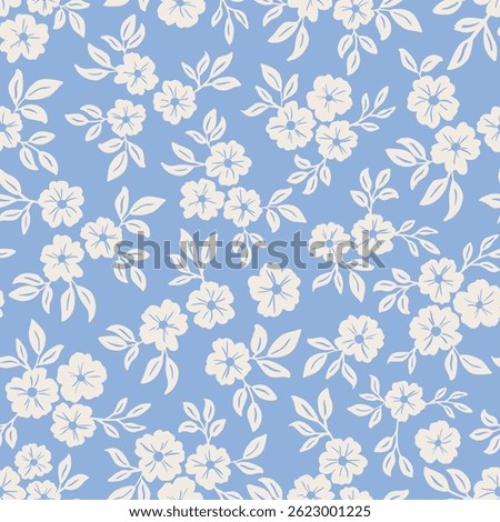 Dense Ditsy Floral Seamless Vector Pattern Pastel Blue and Cream White fabric print, scrapbooking