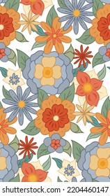 Dense ditsy hippie texture with different flowers on white background in grid ornament. Floral background for fabrics and wallpapers. Vector seamless retro pattern with bouquet groovy flowers. 