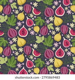 Dense Fig Fruit Seamless Pattern on Dark Background. Whimsical Vector Botanical Backdrop with Rich Filled Figs, Abundant Small Blossoms, and Leaves on Dark Blue for Fabric and Luxury Wallpaper.